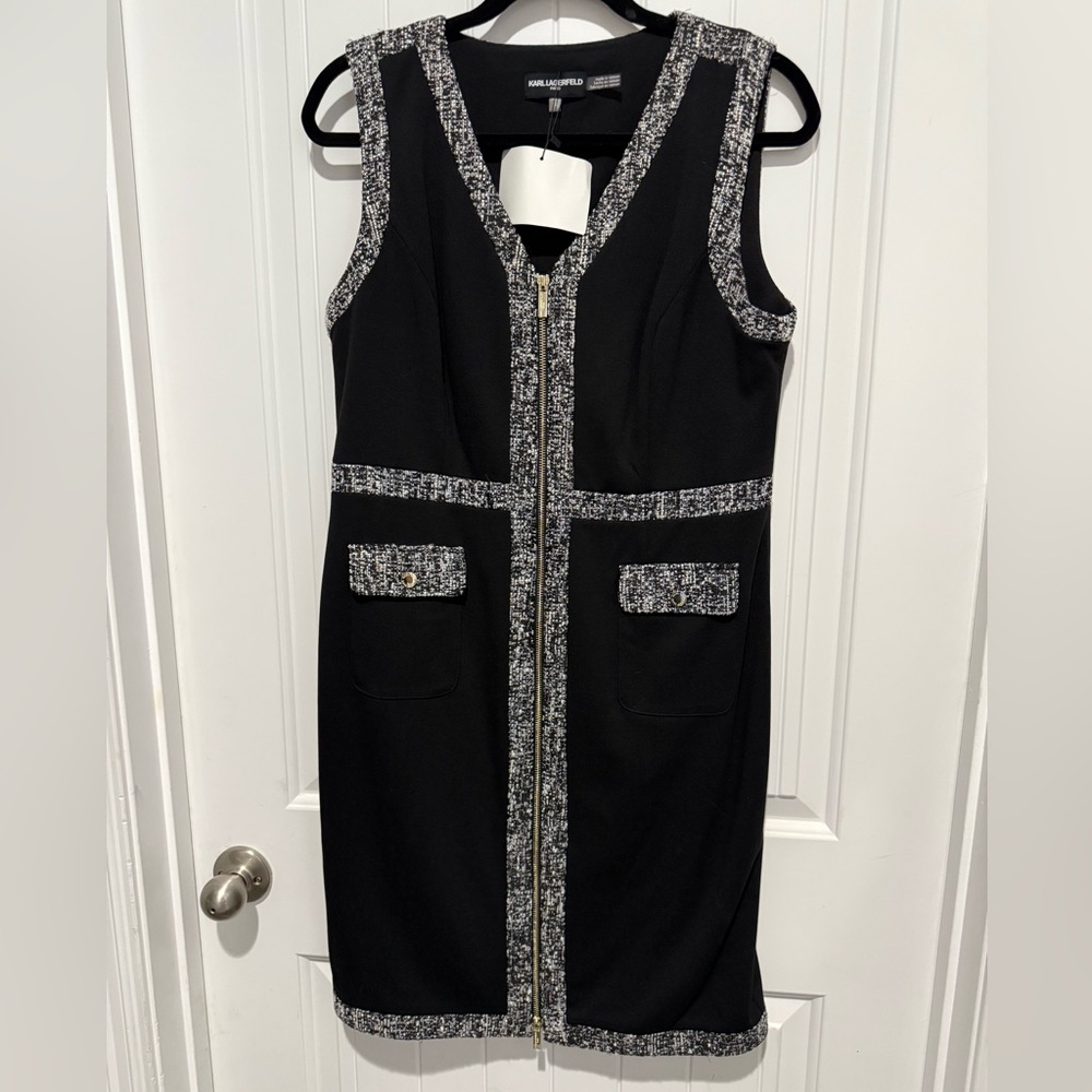 Karl Lagerfeld Black and Gray Tweed Trim Dress